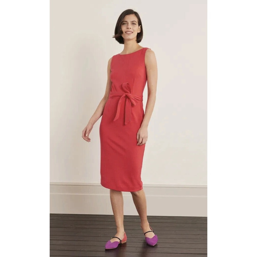 Boden Zeta Ponte Dress W/Tie Belt Pop Peony Red Shift Sheath Sleeveless Size 10 - Picture 3 of 16